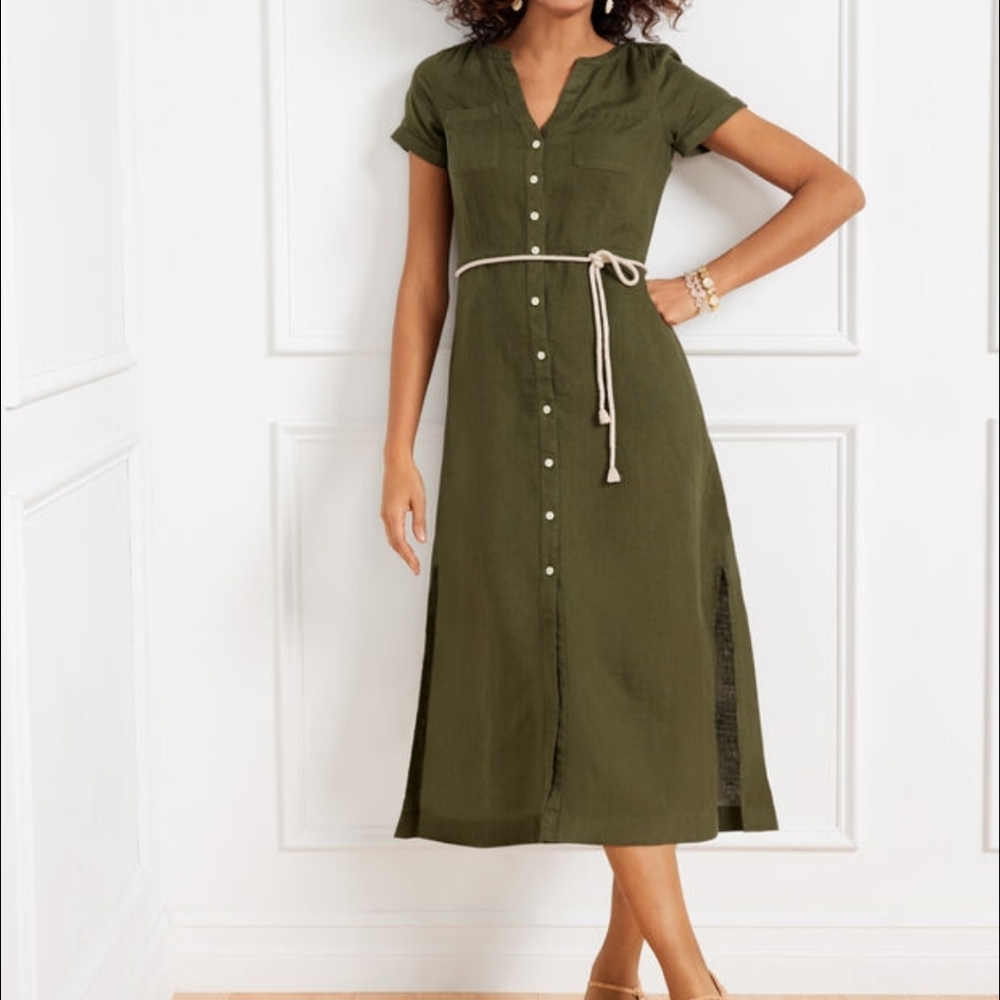 Talbots Olive Green Button-Front Midi Shirt Dress